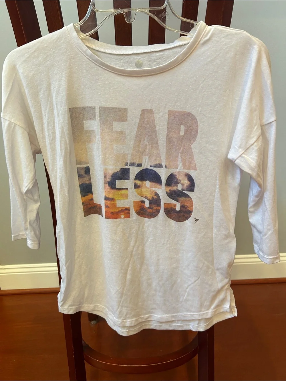 Old Navy White Long Sleeve Tee with 'FEARLESS' Sunset Lettering